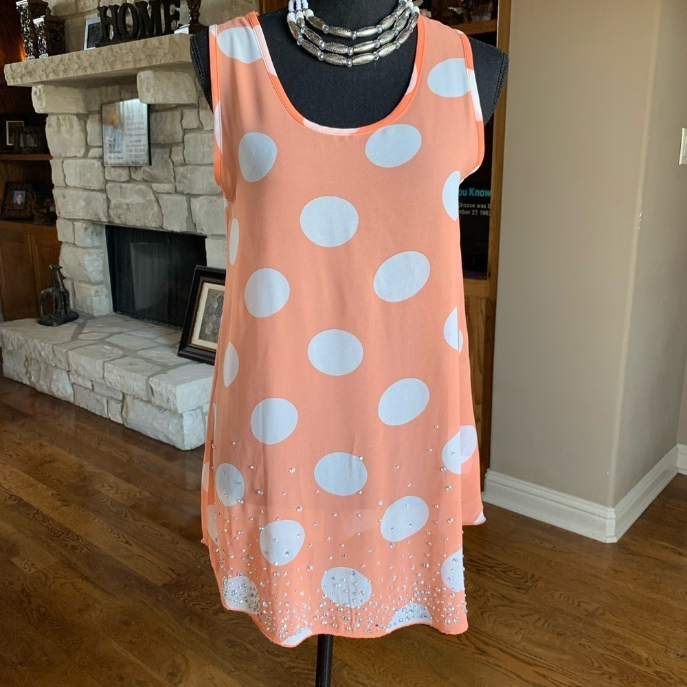 Orange Sheer Polka Dot Rhinestone Tunic Top